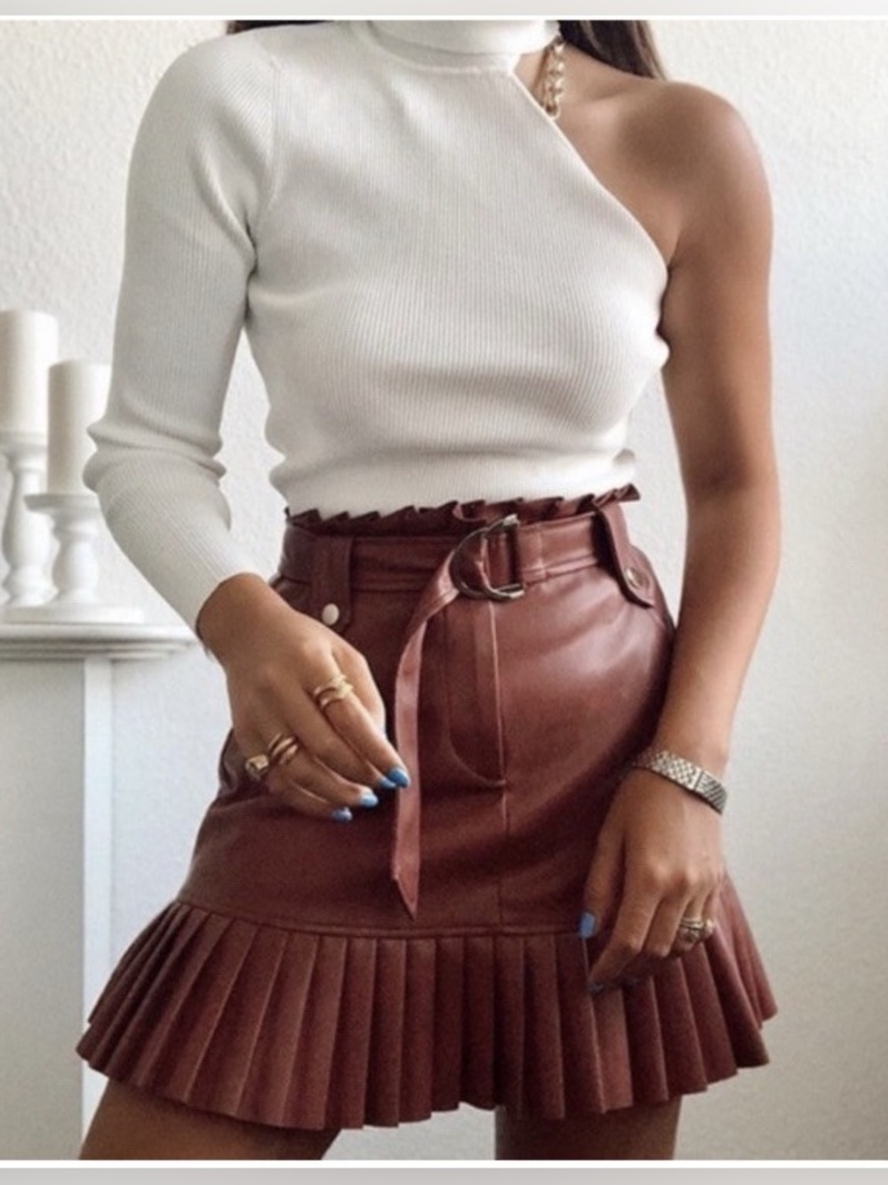 Zara Brown Pleated Faux Leather Mini Skirt with Belt